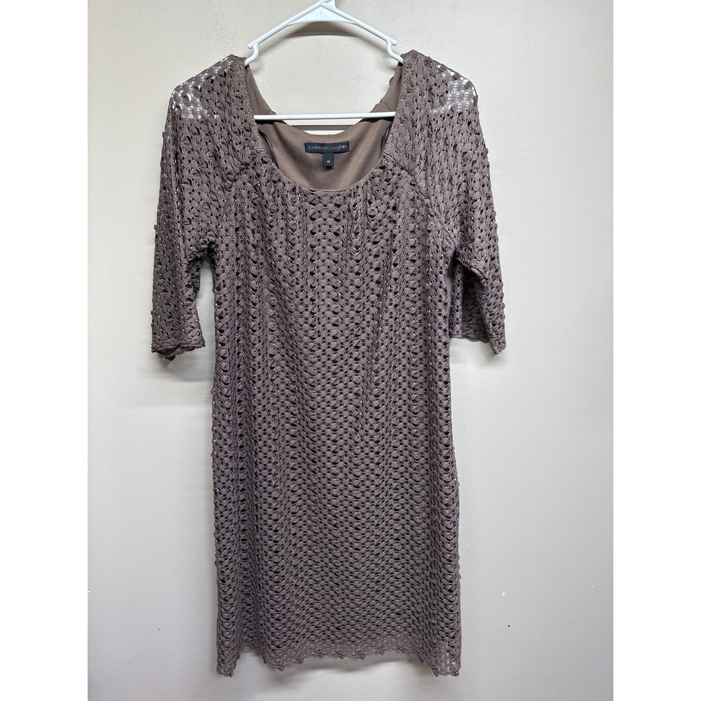 CHRIS MCLAUGHLIN Taupe Lace Overlay Dress 3/4 Sleeve Square Neck‎ Lined Size 12